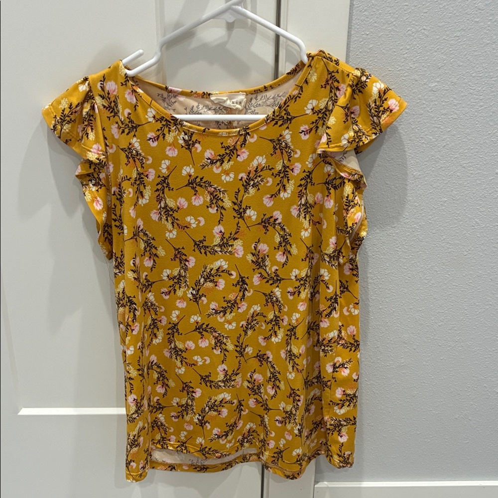 Mustard Floral Ruffle Sleeve Women's Top